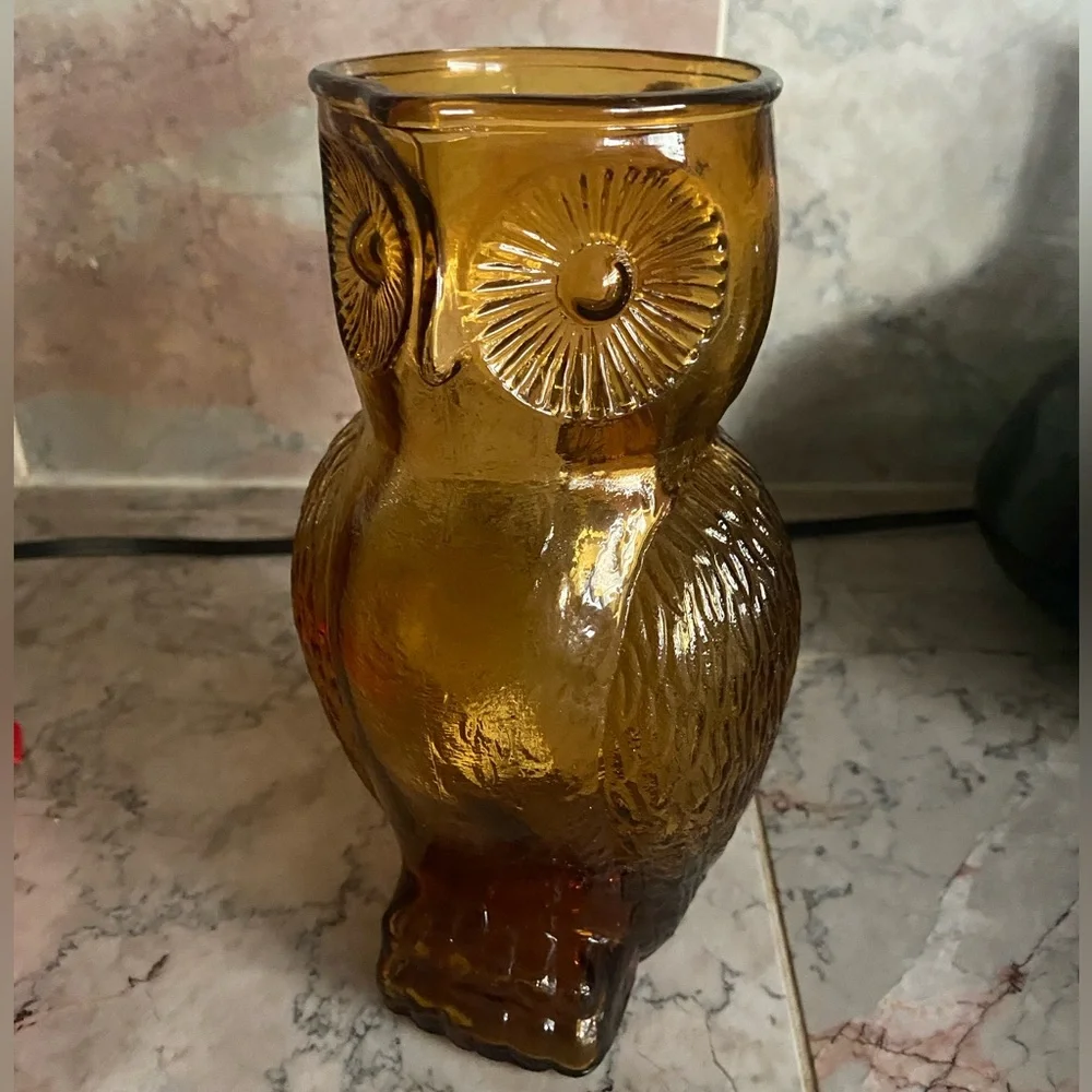Vintage MCM Kanawha Style Glass Company Amber Glass Owl Pitcher 8 1/2" - Picture 2 of 5